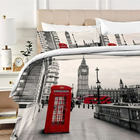 NIB- KING DUVET Streets of London 3D with 2 pillow cases  104" x 98" FABULOUS! - Picture 2 of 6